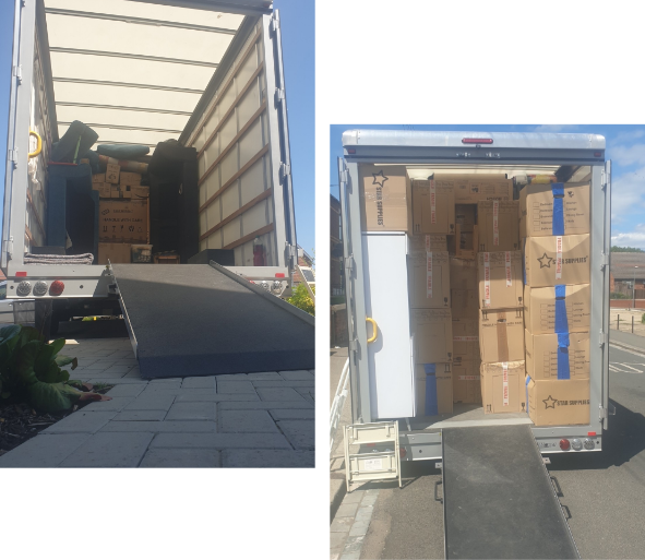 The inside of the moving vans, packed with boxes and furniture